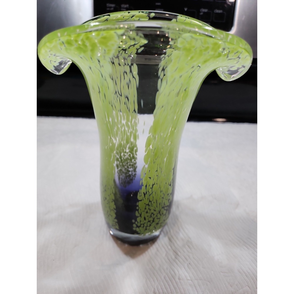 VTG~Murrhina Spatter~Lime Green/Purple~Art Glass Vase~Flared Lip~Hand Blown~8"